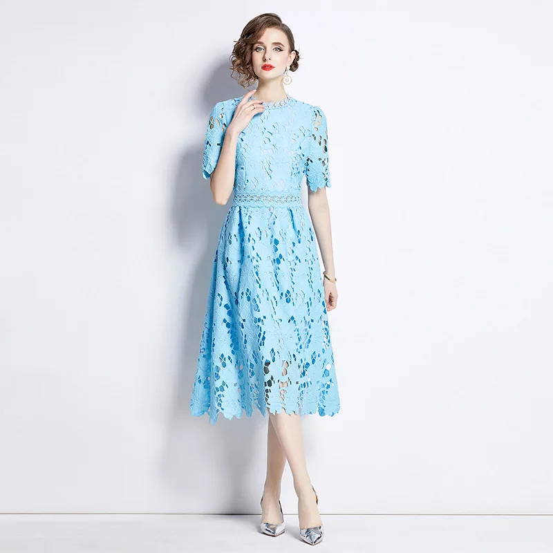 Sexy Hollow Short Sleeves Back Zipper Party Dress Elegant Solid Slim Women Dresses 2024 New Spring Lace Embroidery Dress