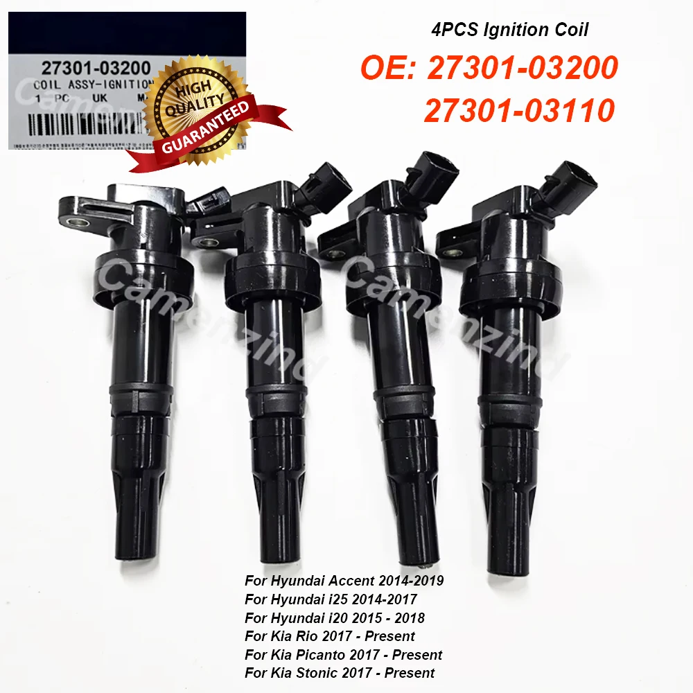 

Комплект из 4 катушек зажигания для автомобилей Hyundai Accent, i25, i20, Kia Rio, Picanto, Stonic (номера деталей: 27301-03200, 2730103200, 27301-03110, 2730103110)