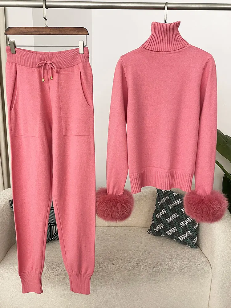

FURYOURSELF 2025 Spring woman Natural fox fur sleeves wool splicing sweater suit knitted trousers Free shipping fashion suits