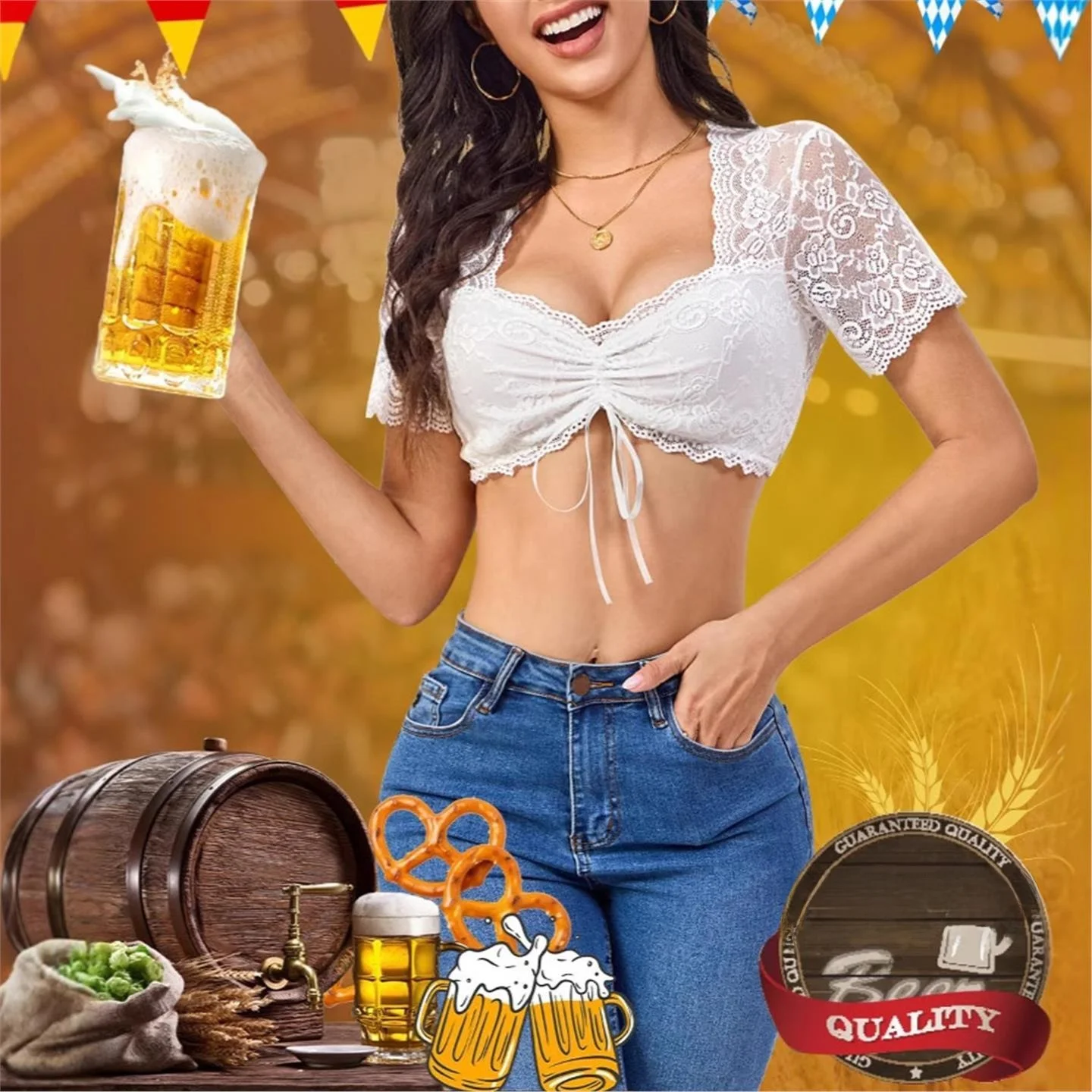 Csa de encaje blanco de manga corta con cordón, estilo Festival de la cerveza bávara, csa de moda europea para mujer, f...