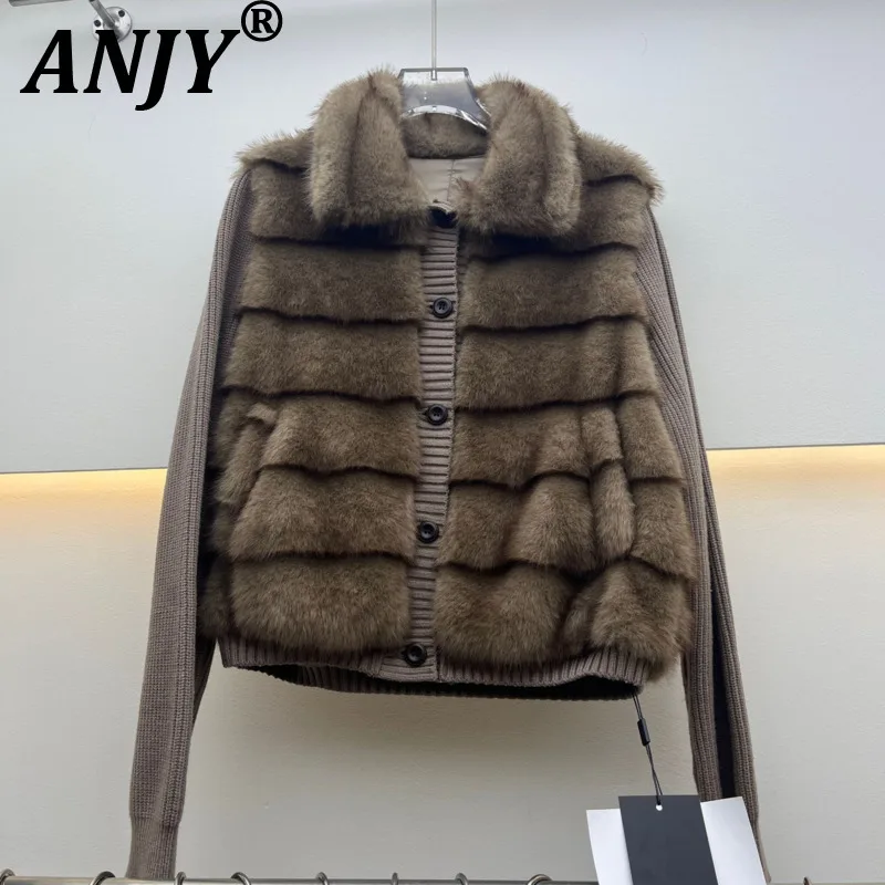 

ANJY Winter New Women Tide Elegant Plush Patchwork Faux Fur Coat Trendy Casual Turn-Down Collar Knitted Slim Ins Cardigan A18015