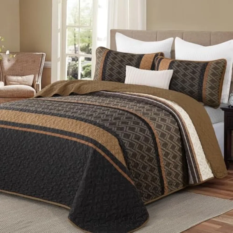 

Quilt Set Striped Bedspread Size Fall Bedding Sets 3 Pieces Micofiber Lightweight Quilts with 2 Pillow Shams Coverlet Bed Sets