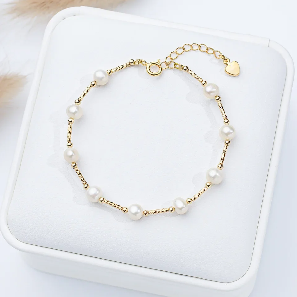 5-6mm Baroque Freshwater Pearl Bracelet for Women Girls Heart Rectangle clasp 16cm+3cm 18k Gold Adjustable Bracelet Jewelry Gift - view 2