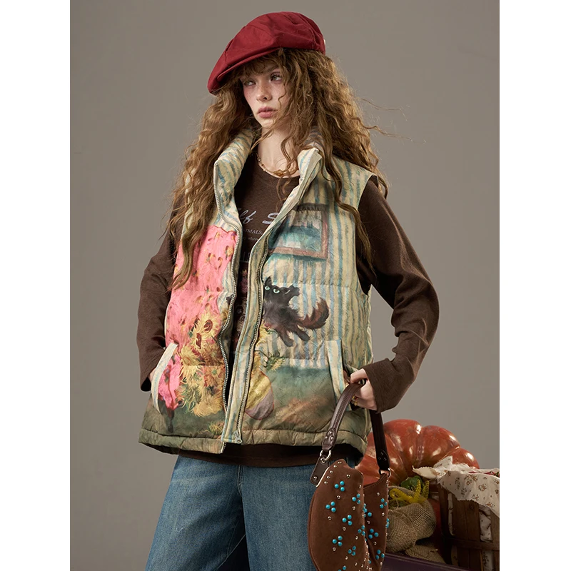 ELFSACK 2025 Autumn New Arrivals Casual Y2K Heart And Checkered Pattern Design Sleeveless Down Jacket For Woman