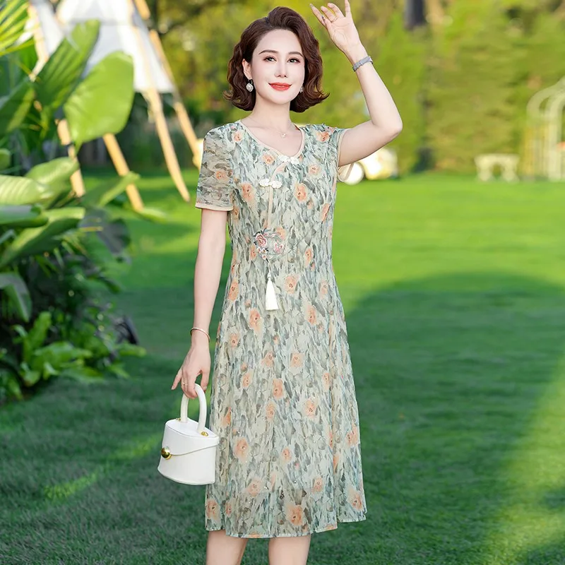 Chinese style Printing Round Neck Short Sleeve Knee Skirts Thin Dresses Intellectual Summer Women\'s Clothing Temperament Fashion