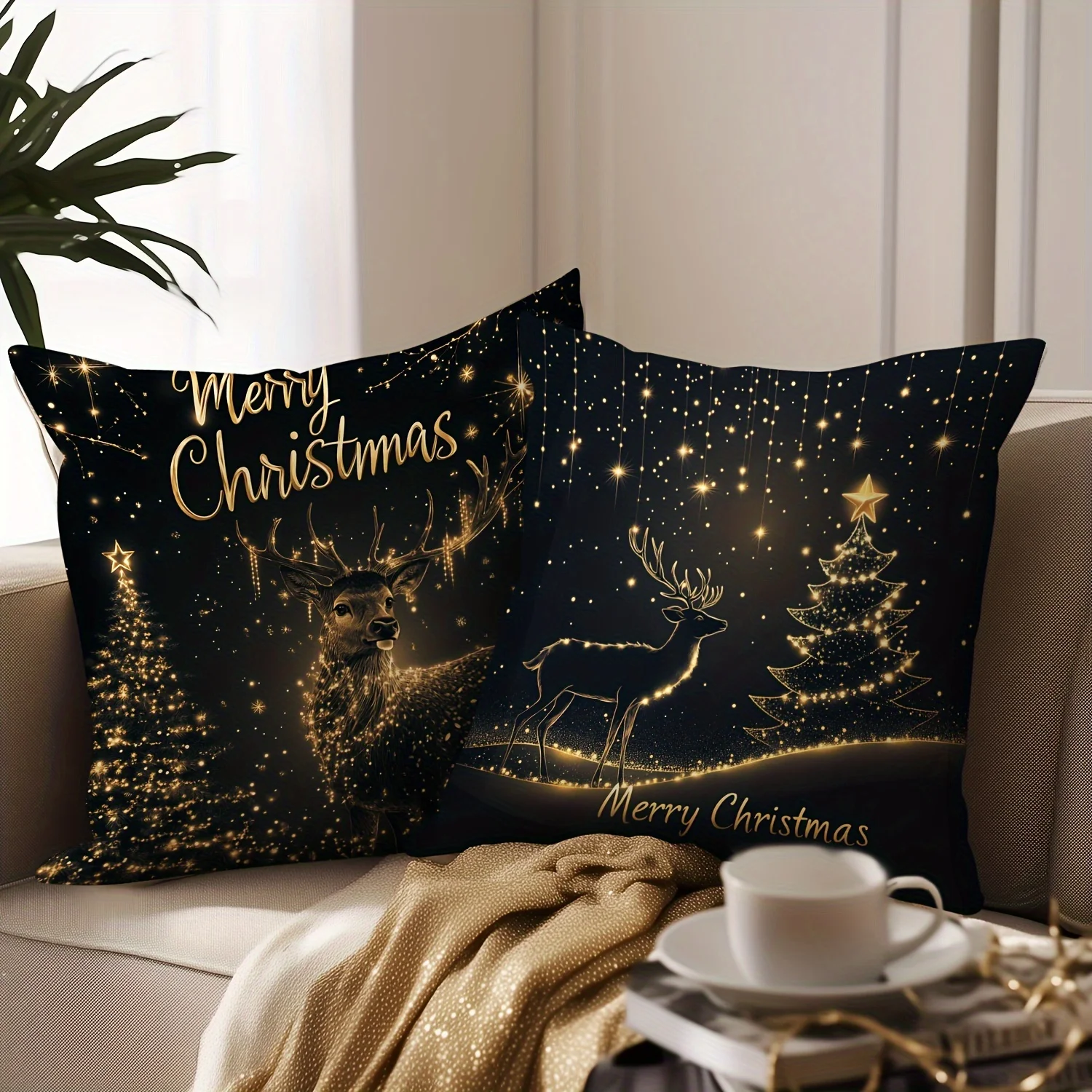 4-Pack Christmas Cushion Covers, Reindeer Starry Sky Print, Polyester Zippered Washable, for Living Room Decor