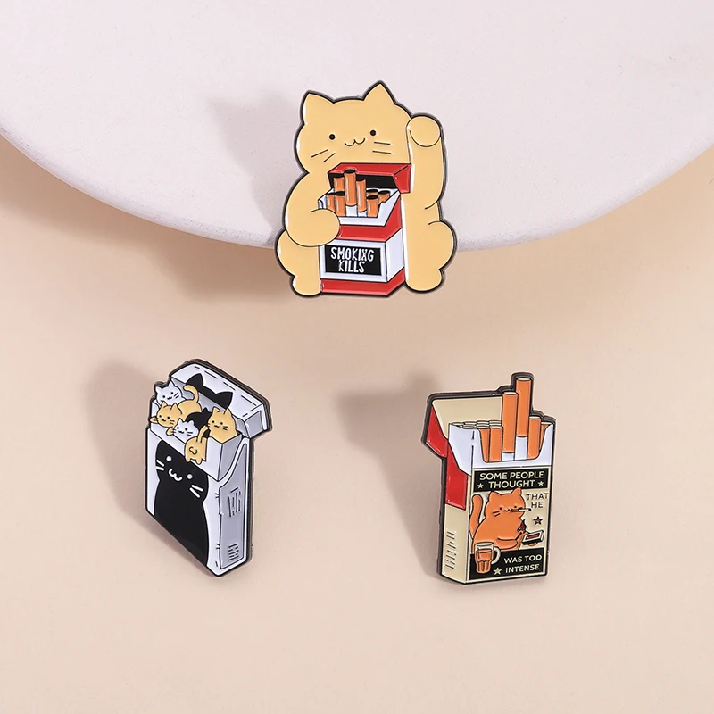 Cute Cat In Cigarette Box Enamel Pin ‌Smoking Kills Smoking Harm Slogan Brooches Lapel Badge Funny Jewelry Gifts For Friends