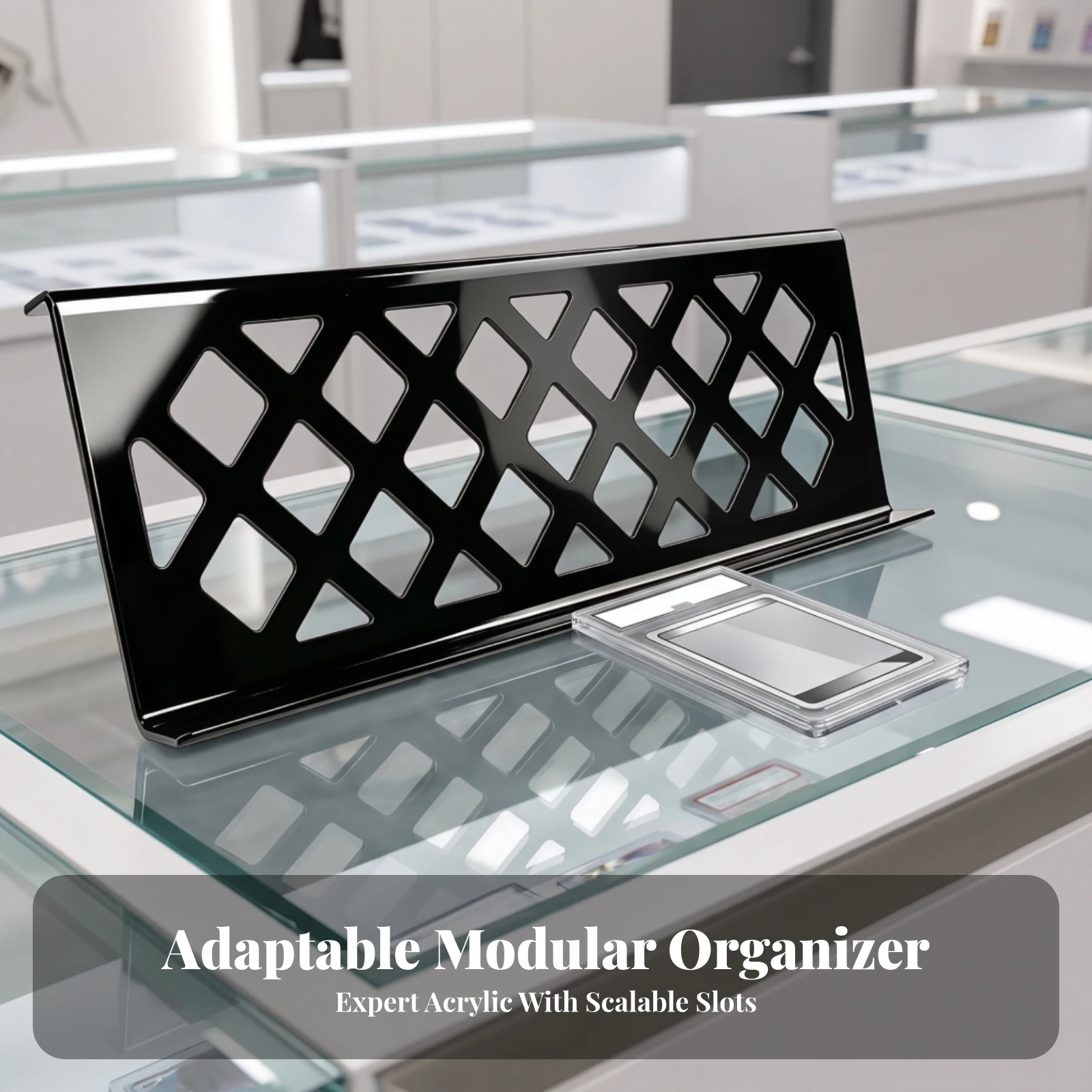 Black Acrylic Angled Card Display Stand with Front Lip Smooth Glossy Finish Tabletop Rack for Shop Counter and Shelf