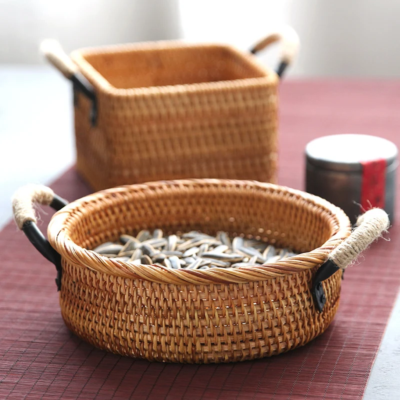 

Handmade Wicker Iron Art Tea Ceremony Snack Plate Bamboo Wood Candy Basket Bread Basket Fruit Basket Japanese Style Decorativ...