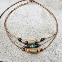 Vintage Wood Beads Pendant Necklaces Boho Ethnic Style Multi-layer Necklaces Adjustable Wax Rope Chain for Women Gifts