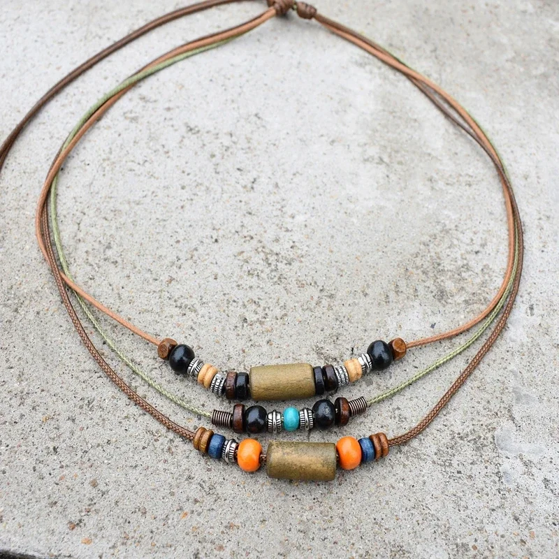 Vintage Wood Beads Pendant Necklaces Boho Ethnic Style Multi-layer Necklaces Adjustable Wax Rope Chain for Women Gifts