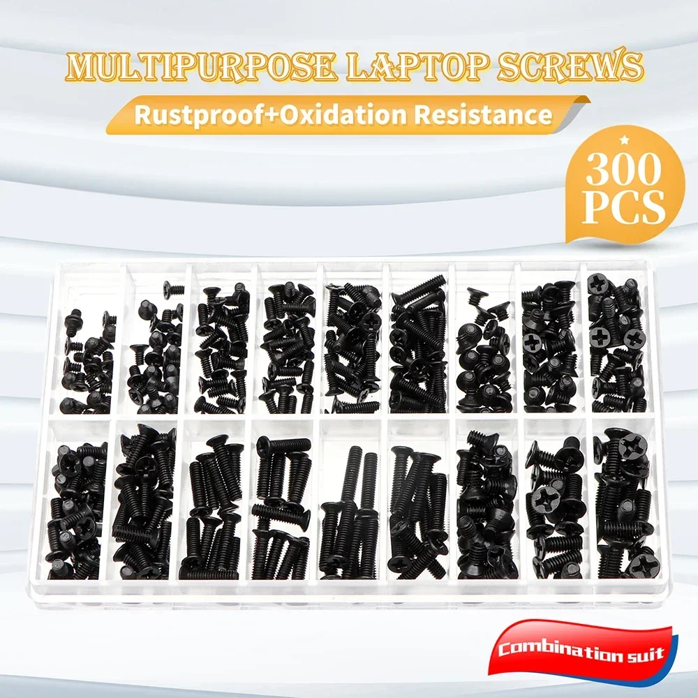 طقم براغي برأس مسطح أسود 300 قطعة - مسامير كمبيوتر محمول M2/M2.5/M3 مع مفك براغي لأجهزة الكمبيوتر المحمولة Dell/Sony/IBM #1