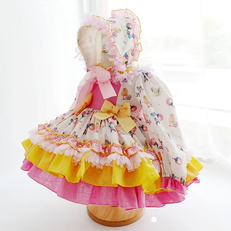 

ICJAEHAO 2024 Baby Girl Lolita Princess Flower Dresses Children Ball Gown Spring Birthday Party with Hat Toddler Spain Costume