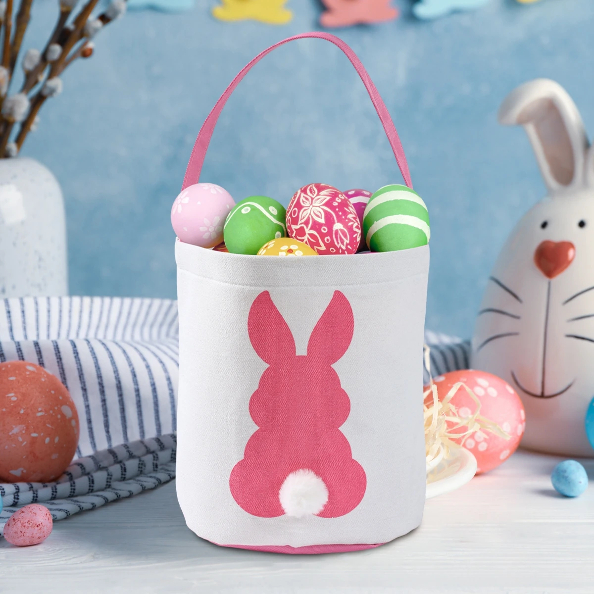 Easter Bunny Basket Bag Canvas Tote Candy Gift Bag Kids Easter Egg Hunt Basket Reusable Party Gift Wrap Bag Holiday Supplies