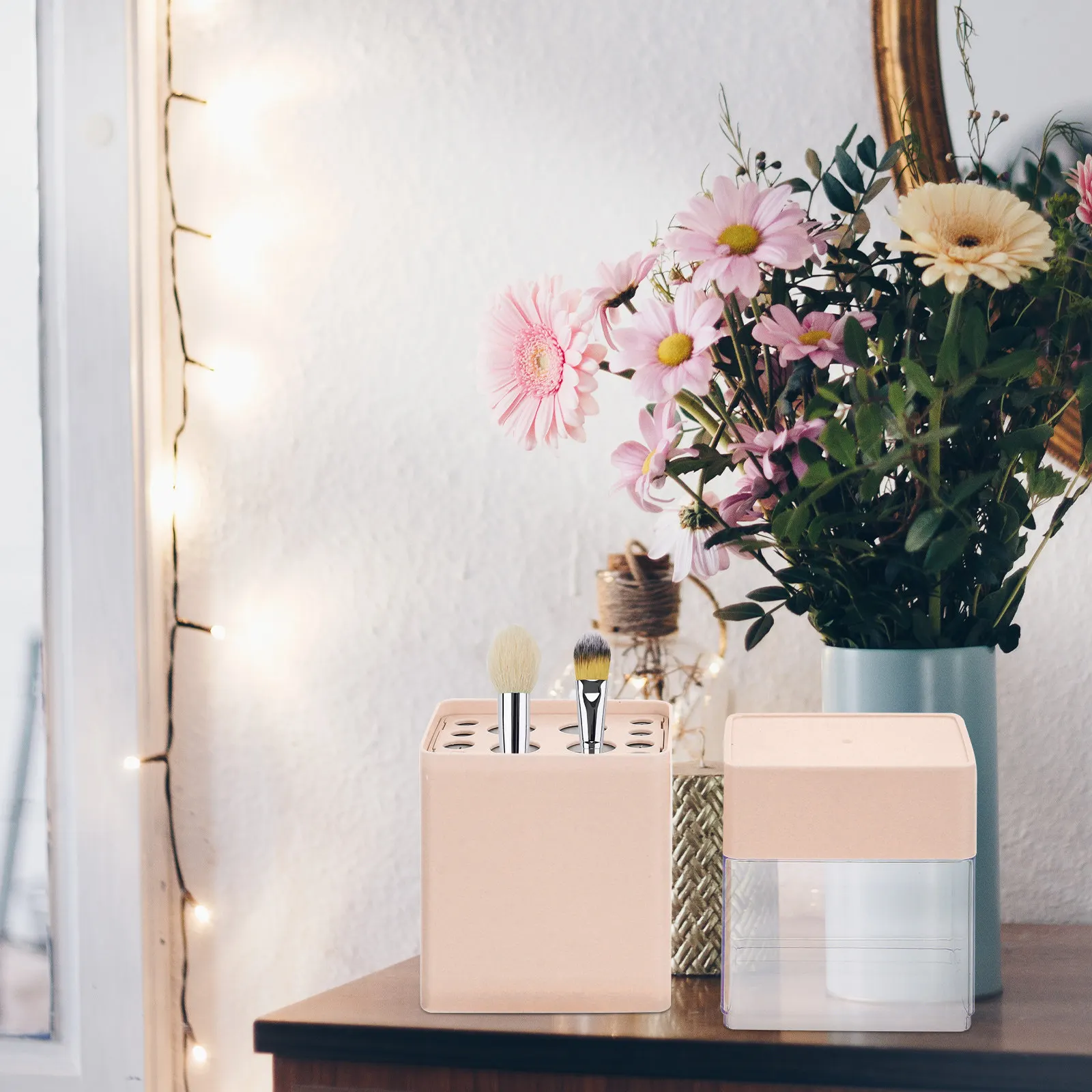 Organizador de brochas de maquillaje con tapa translúcida, cubo de almacenamiento a prueba de polvo con cubierta deslizante, soporte para lápiz de cejas para el hogar, 1 ud.
