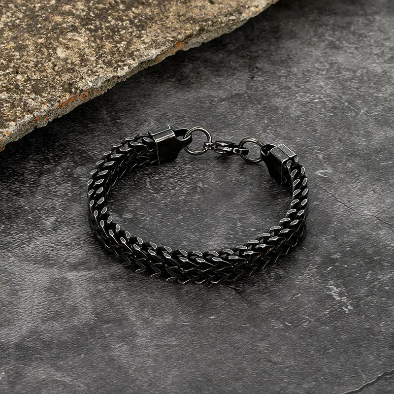 MKENDN Vintage Oxidized Black Double Curb Chain Bracelets for Men Stainless Steel Punk Antique Cubic Foxtail Chain Male Pulseira