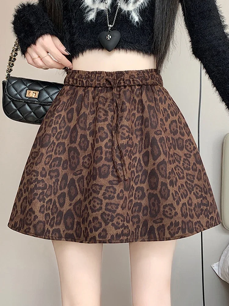 Y2K Vintage Leopard Mini Skirt Women High Waist Faux Suede Fabric A Line Skirts Streetwear Fall Winter Loose Sexy Skirts