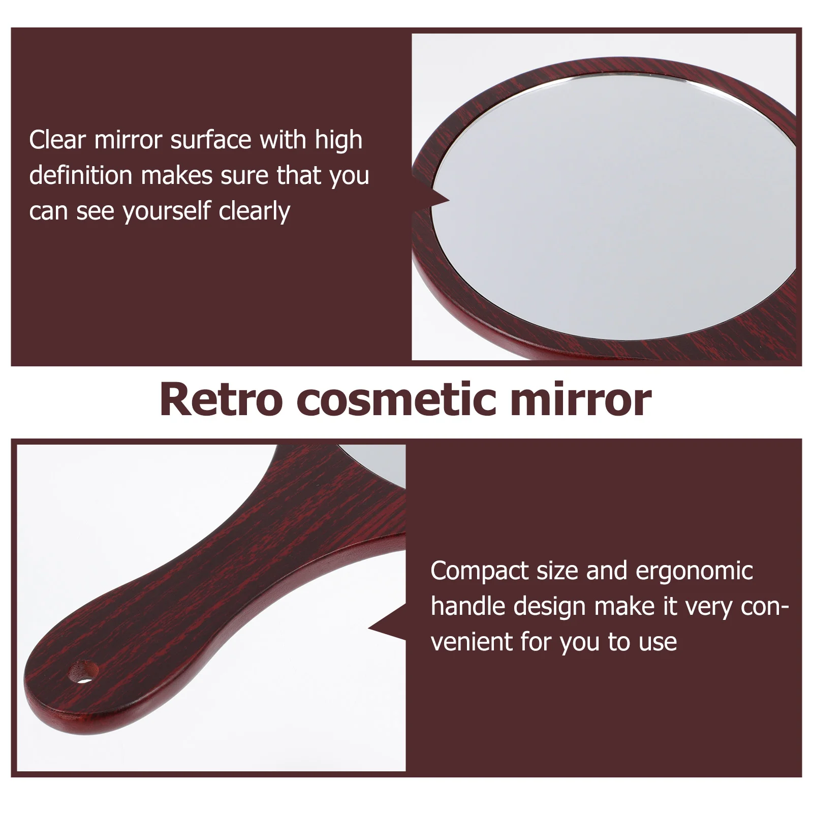 Specchio per trucco con manico in legno Specchio per trucco retrò in legno rosso rotondo in vetro trasparente compatto ergonomico leggero regalo ad alta definizione per le donne