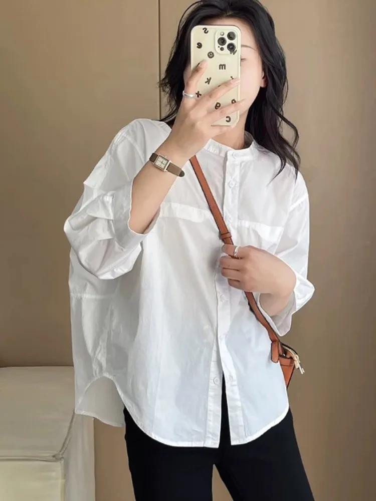 

Повседневная хлопковая женская летняя блузка с пятью пуговицами, тонкая, модная, для поездок на работу, с защитой от солнца и эффектом похудения