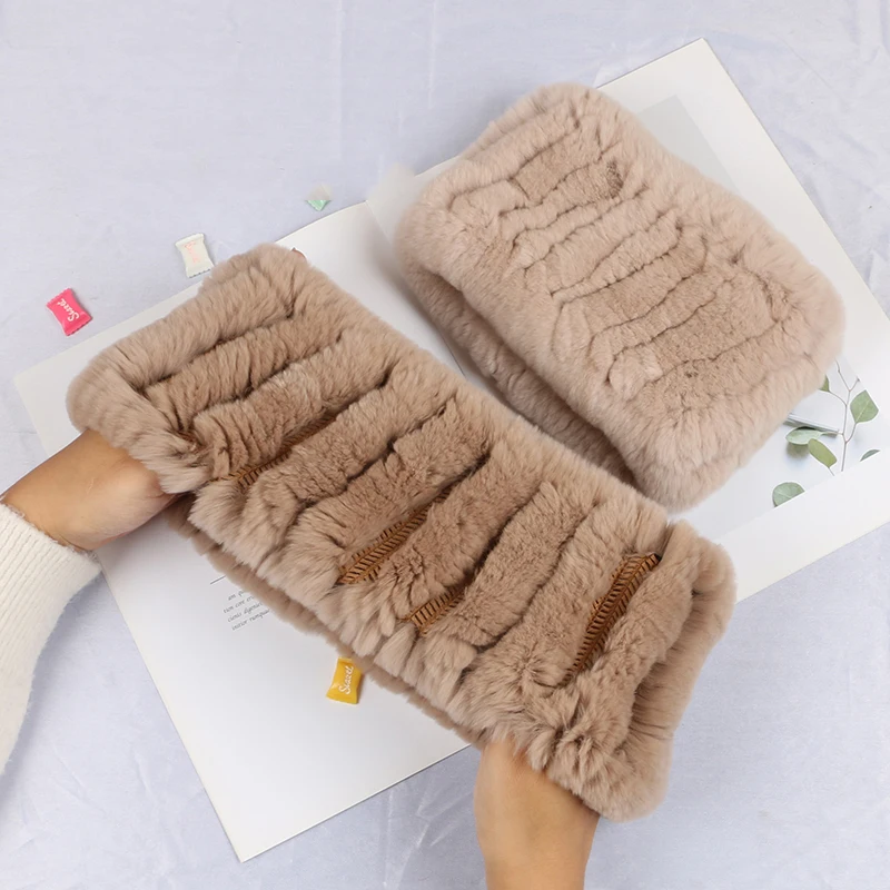 Women Real Fur Scarf Knit Genuine Rabbit Fur Headbands Winter Warm Neck Warmer Elastic Soft Fur Ring Cowl Snood Scarves