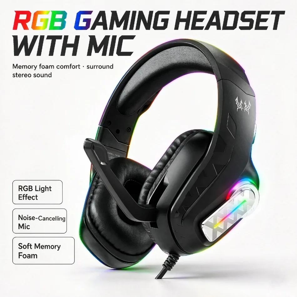 Glasses Friendly Gaming Headset Lightweight Breathable Memory Foam 40mm Stereo RGB Light Mic for PS5 PC Xbox Comfort Fit
