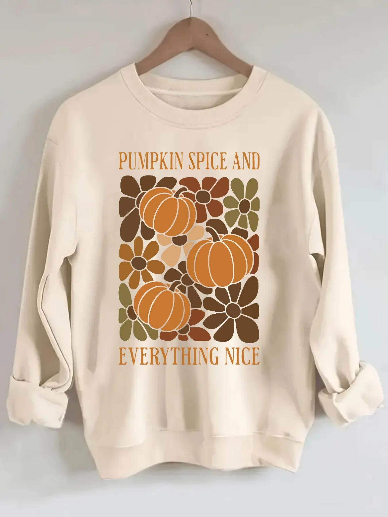 Women's Crew Neck Pullover Sweatshirt Pumpkin Spice Floral Design, Soft Casual Long Sleeve, Daily Casual Top Outfit, Winter Women's Clothing, Thanksgiving Outfit view 3