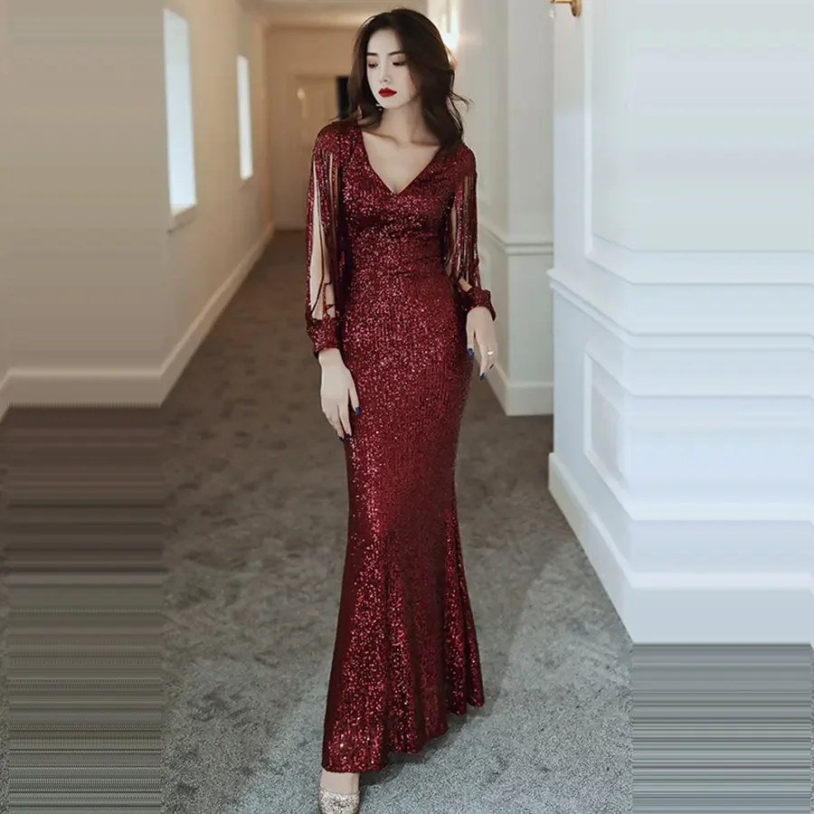 

Clearance Evening Dress Burgundy Sequins V-neck Full sleeves Mermaid Floor-length Women party Formal gown Robe De Soiree size 8