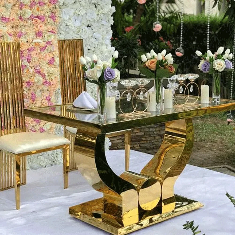 

Modern mirror glass top long gold banquet dining table for sale