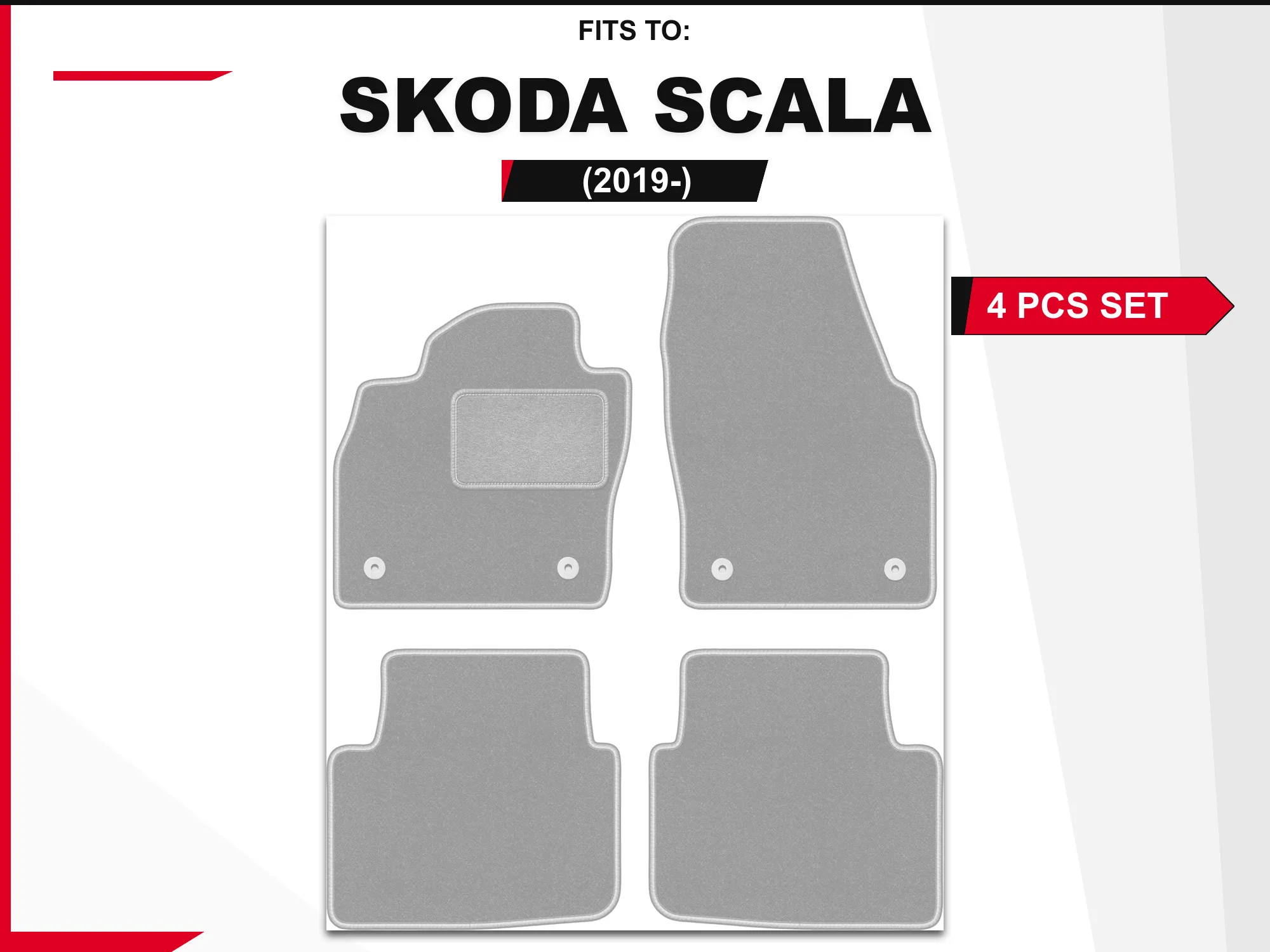OSLO velourtapijten voor: Skoda Scala 2019-grijze hatchback 4 stuks