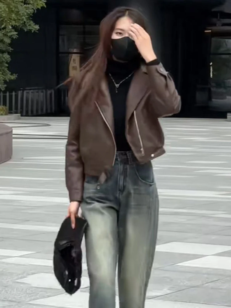 ファイオナブル・ティエンエド・フェイス レディース バイカー レザージャケット 秋冬新作 スリップジッパー ルーズフィット ロングスリーブ スーツカラーコート