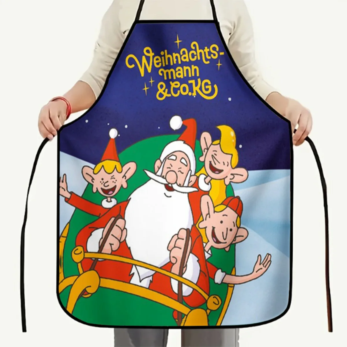 Cartoon Santa & Elves Christmas Print Apron, Durable Stain‑Proof Kitchen Apron for Home Baking, Xmas Party, Holiday Decor