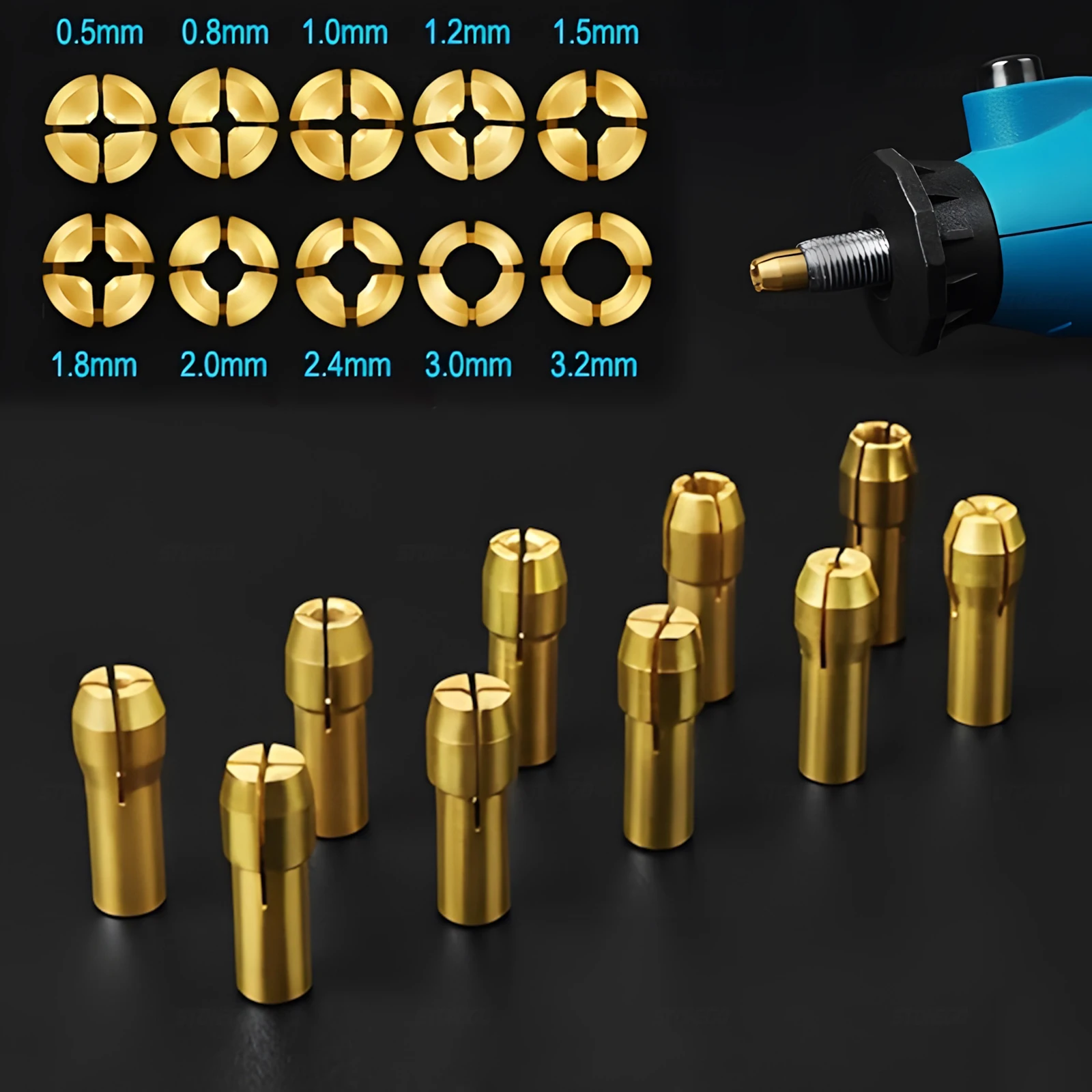 STONEGO 10Pcs Mini Drill Chuck Adapter Set - Brass Collets 0.5-3.2mm for Rotary Tools, Quick Change, 4.8mm Shank