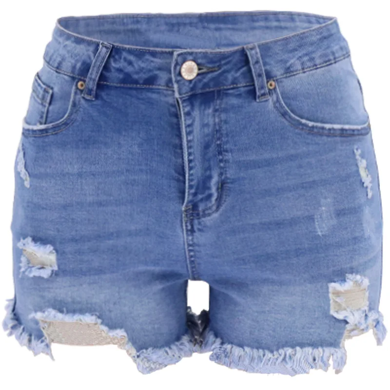 

Ripped Jeans for Women Blue High Waisted Jeans Skintight Holes To Lift The Buttocks High-waisted Women's Denim Shorts