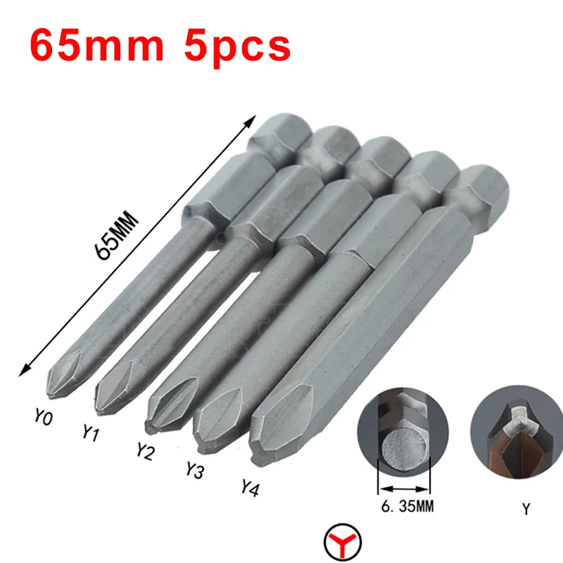 5pcs/set 50mm/65mm Magnetic 1/4\'\' Hex Shank Tri-wing Y Tip Head Screwdriver Bits Y type Y0 Y1 Y2 Y3 Y4