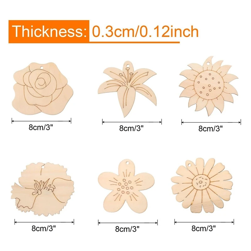 60 Pieces 3 Inch Unfinished Wood Flower Cutouts Wooden Flower Slices Blank Shape Ornaments Flower