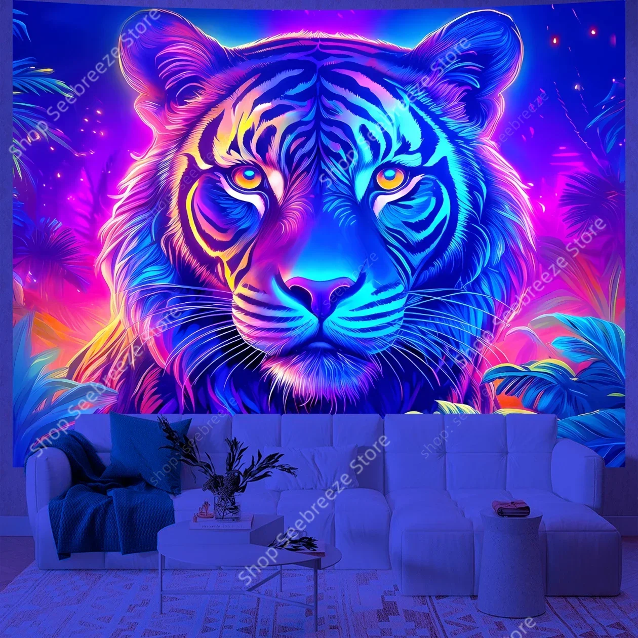 Tapisserie UV tigre vibrante, Art mural bohème, décor de la faune majestueuse, feuillage coloré, chambre à coucher, salon, bureau, déclaration Hippie