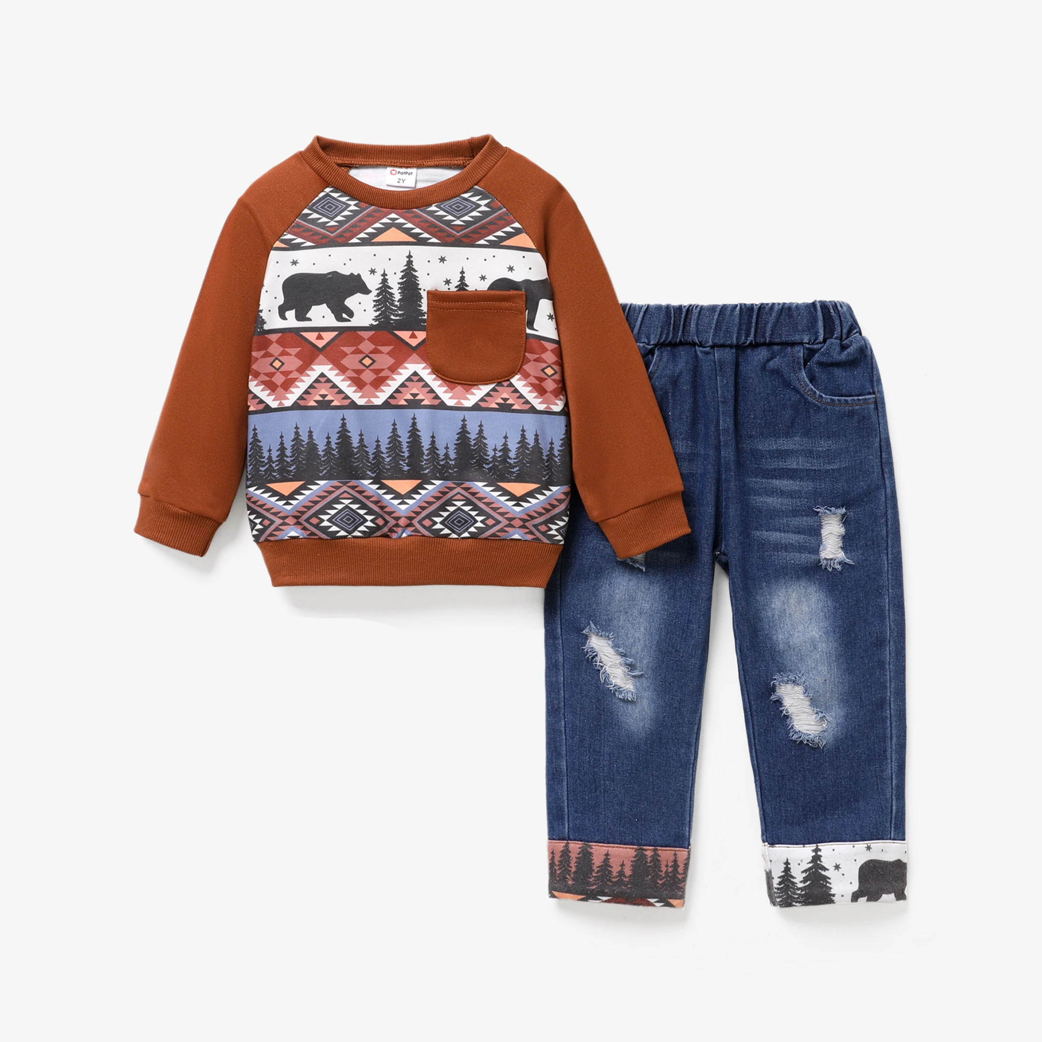 

PatPat Toddler Boy 2pcs Ethnic Geometry Print Sweatshirt and Denim Ripped Jeans Set