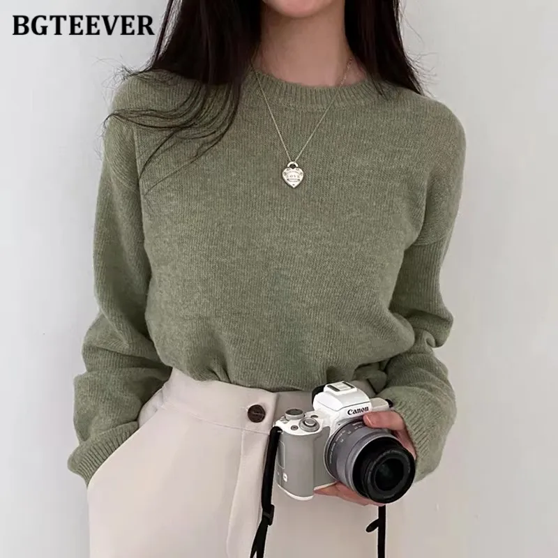 

BGTEEVER Stlyish Solid O-neck Women Knitted Sweaters Tops Autumn Winter Warm Loose Full Sleeve Ladies Pullovers Jumpers