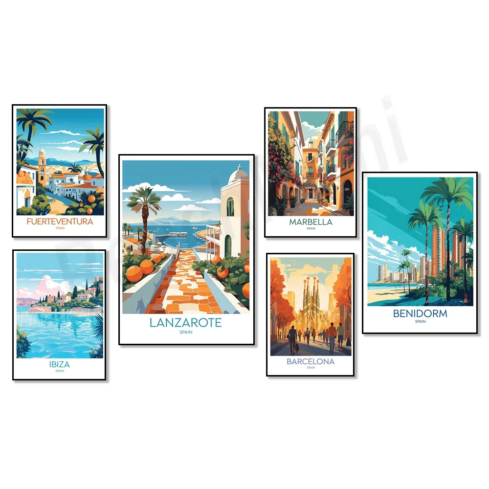 Fuerteventura, Ibiza, Sagrada Familia Barcelona, Gran Canaria, Lanzarote, Marbella, Catedral de Mallorca, cartel de viaje Benidorm
