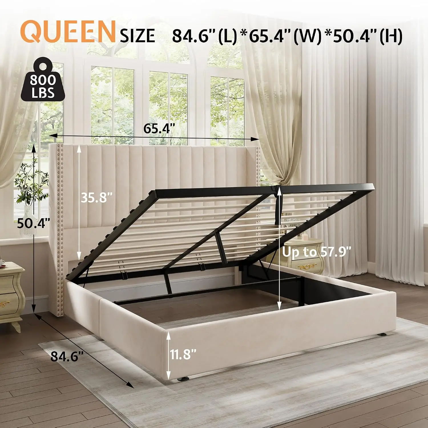 Queen Upholstered Storage Bed Frame Velvet Channel Tufted Wingback Headboard Hydraulic Lift Under-Bed, Customized