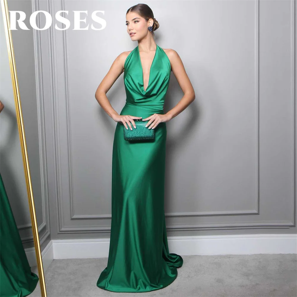 

ROSES Green Halter Evening Dress Mermaid Sleeveless Satin Party Dress with Pleat Satin Backless 프롬드레스 Prom Dresses