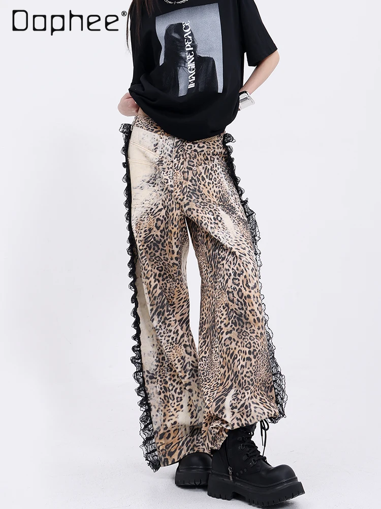 

American Retro Leopard Print Lace Splicing Jeans Women Hot Girl Slim Mopping Wide-leg Pants Street Punk Style Baggy Jeans Women