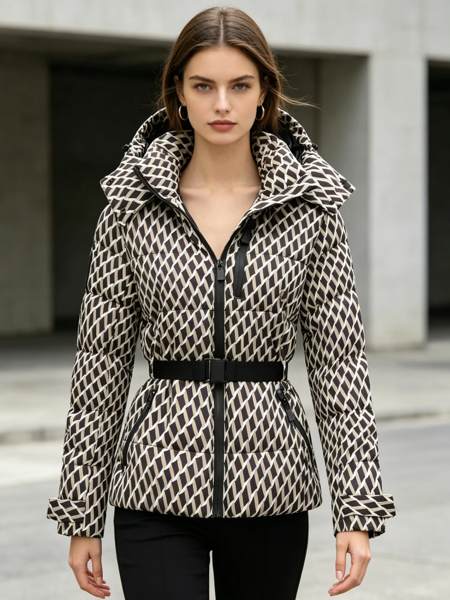Women's Fashionable Winter Warm Jacket Casual Versatile Detachable Hood Coat with Belt Zippered Windproof  Outdoor Clothes