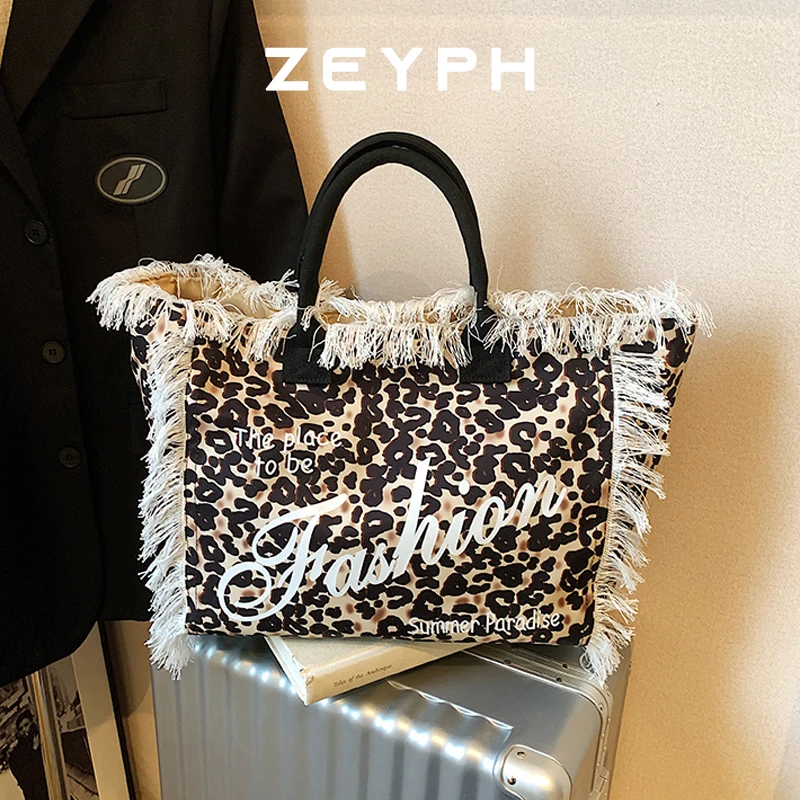 

Zeyph Fashionable tassel large capacity beach tote bag, new leopard print letter single shoulder women's ba