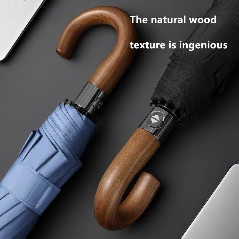 

Полностью автоматический зонт с изогнутым крюком и деревянной ручкой, увеличенный, утолщенный, с черным покрытием, трехсекционный, ветро- и водонепроницаемый, деловой зонт