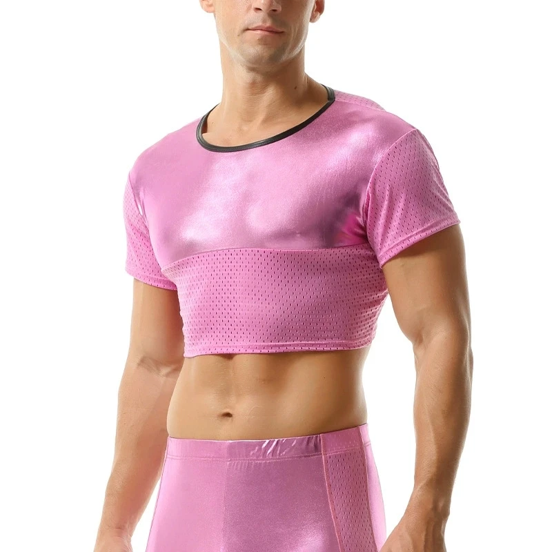 

Men's Undershirt Shinning T-shirt Short-sleeved Navel Gauze Slim Breathable Short-sleeved Half Vest Men Shirt Singlet