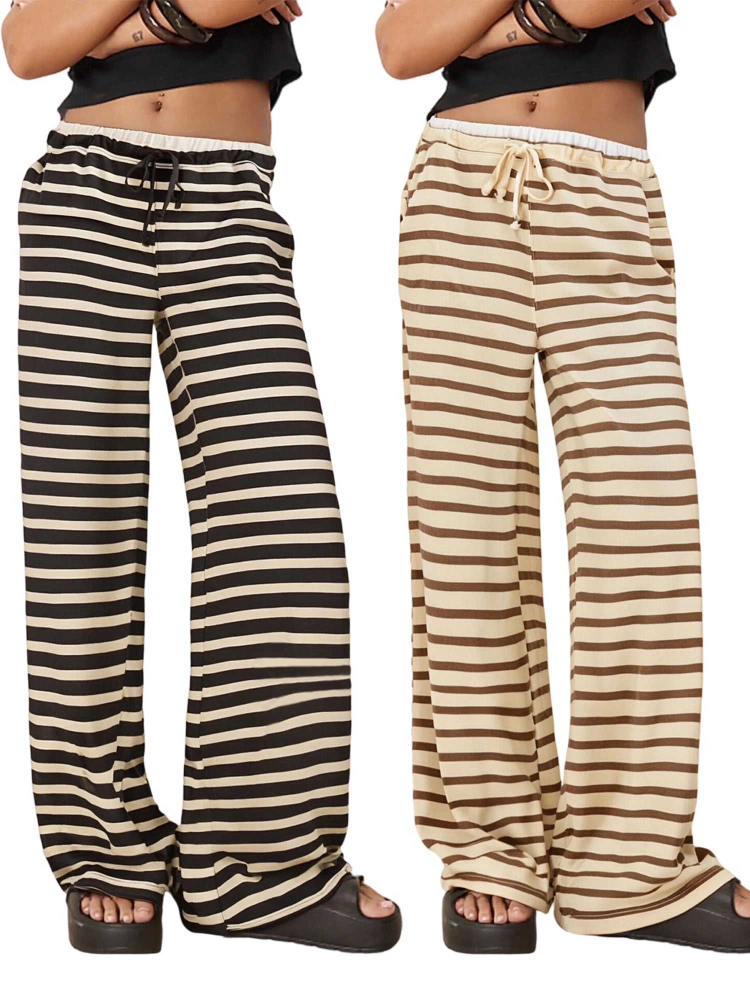 Gestreepte palazzo-broek voor dames met hoge taille, stijlvolle broek met wijde pijpen, tailleband en zijzakken