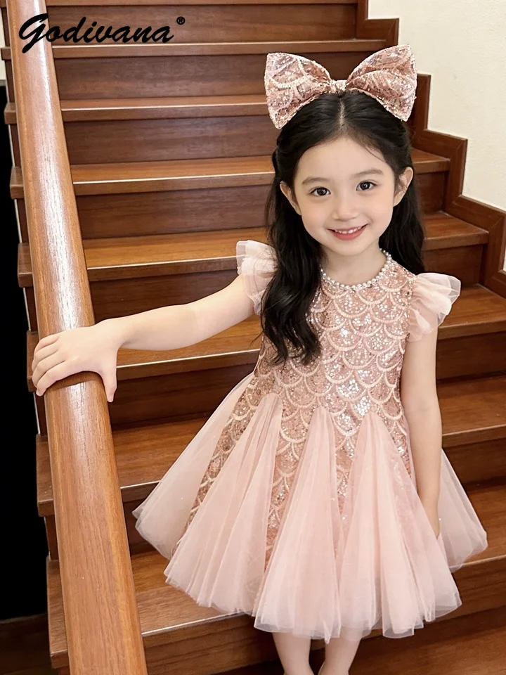 Cute and Sweet Baby Girls Flutter Sleeve Mermaid Princess Dress New 2026 Summer Stylish Kids Sequin Mesh Patchwork Casual Dress