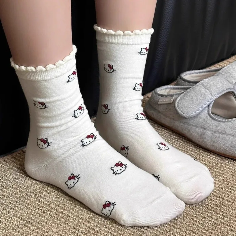 

Hellokitty cute cartoon socks women's versatile medium long autumn and winter college style girl bubble edge pile women's socks
