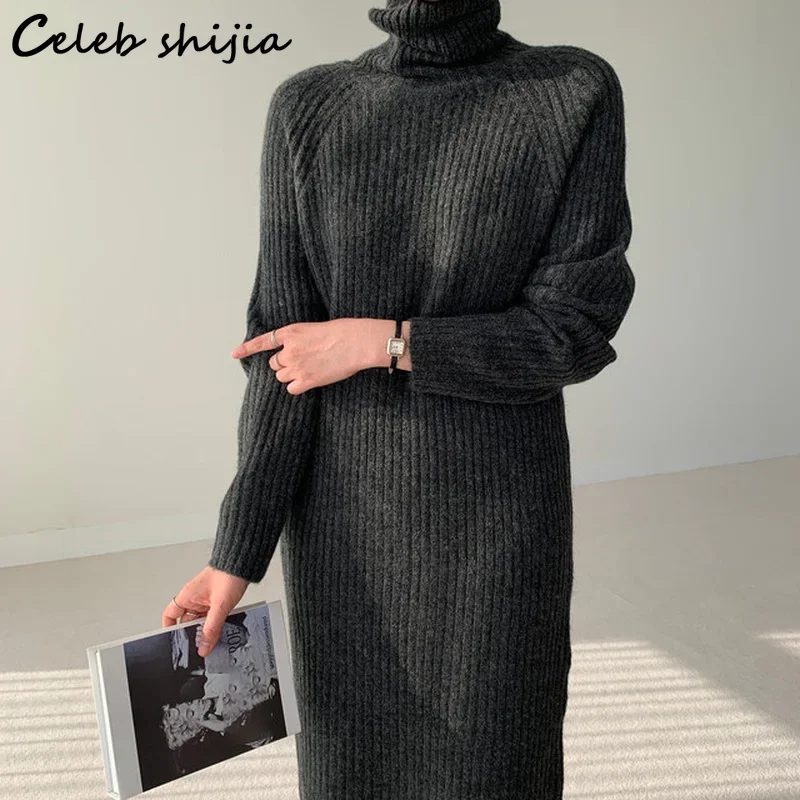 Dark Gray Warm Woolen Dress Women Turtleneck Winter Fall Vintage Stretch Knitted Vestido Streetwear Chic Knit Clothing Lady